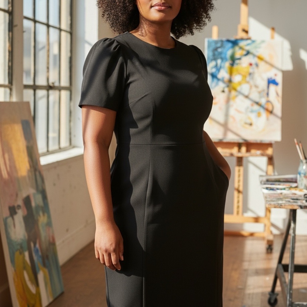 Calvin Klein Black Puff-Sleeve Midi Dress